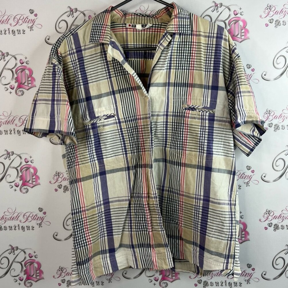 Almost heaven tshirt collar Casual Plaid Button-Down Shirt in Blue and Cream
